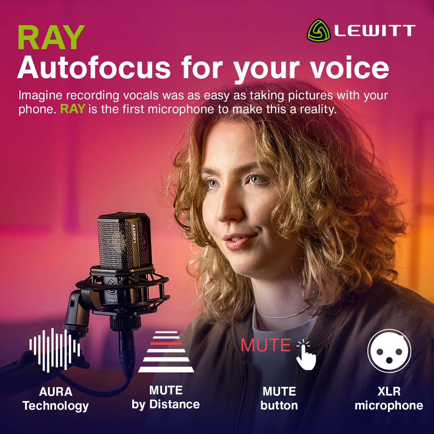 Lewitt RAY Microphone with Autofocus for Your Voice - Mute by Distance and Mute Button - for Podcasts, Streaming, Content and Mu